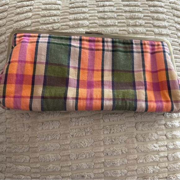 J. Crew 10” x 4.5” Plaid Flower Clutch Handbag Metal Clasp Opening - Picture 7 of 9